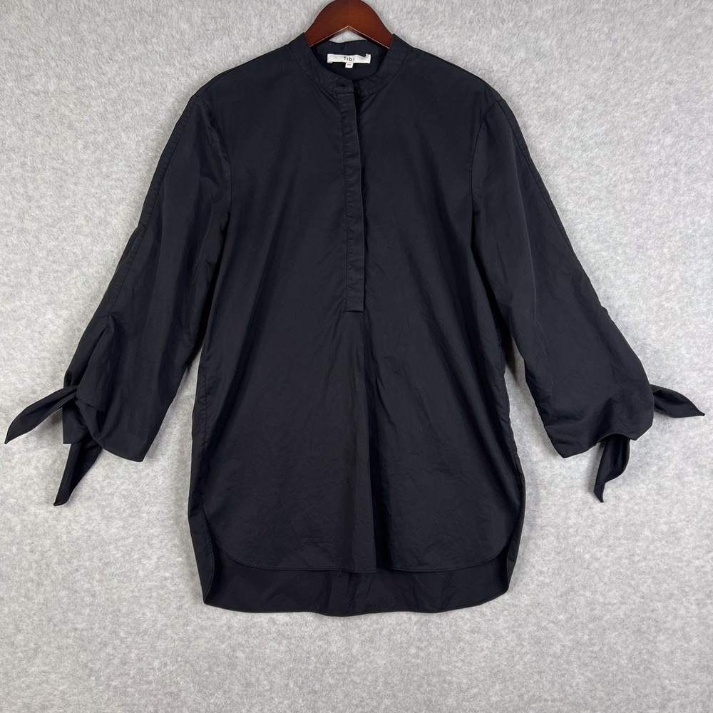 Tibi Black Cotton Mandarin Collar 3/4 Tie Sleeve Tunic Blouse Top Womens XS